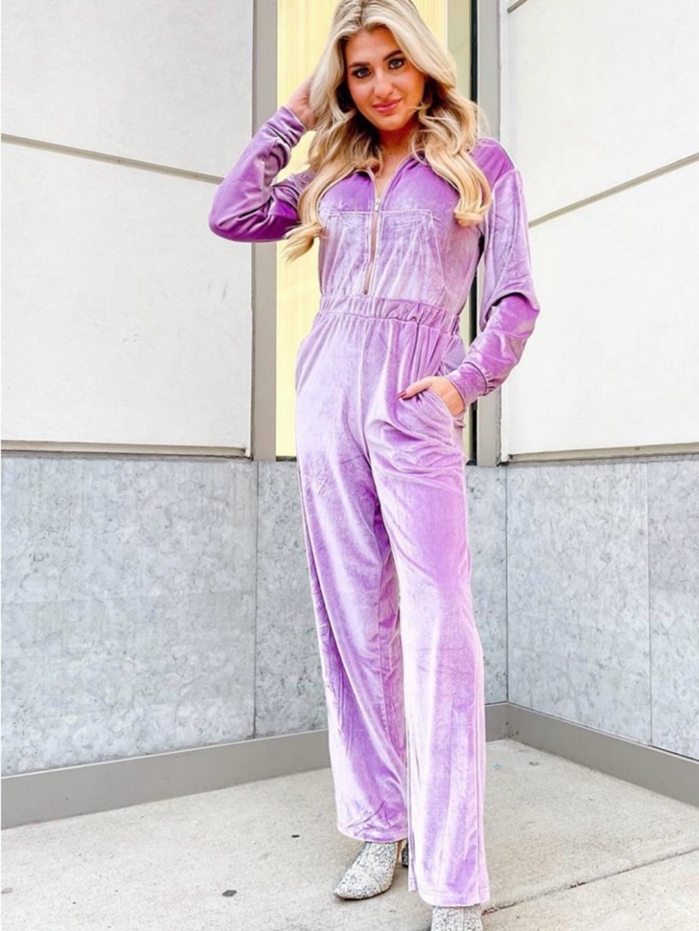 Velour Zip-Front Lavender Jumpsuit